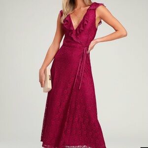 Lulu's stretch lace wrap dress in fuchsia